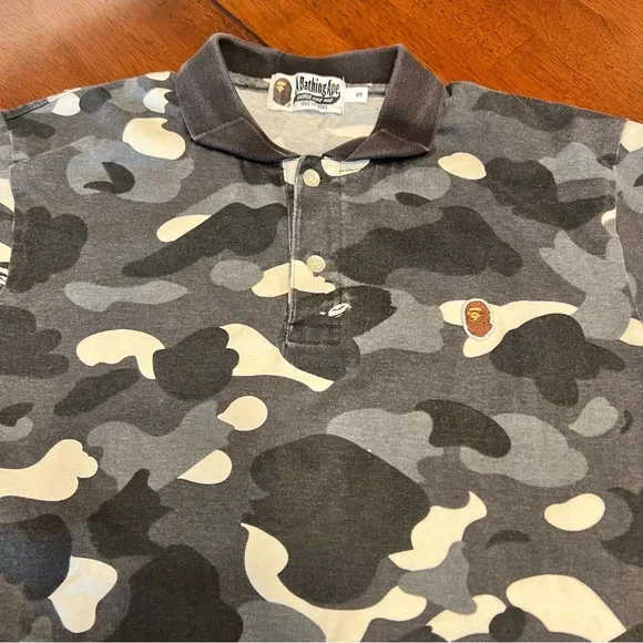 BAPE A Bathing Ape Camo Polo Shirt Gray/Black Ape Head Logo Mens Small - Picture 1 of 11